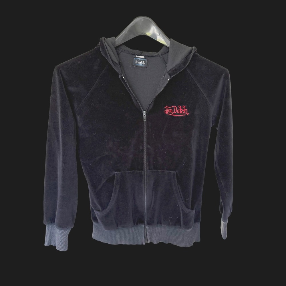 Y2K Von Dutch Originals Mcbling Black Velour Zip Up Hoodie Red Logo Sm